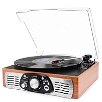 1byone Belt Drive 3 Speed Stereo Turntable with Built in Speakers, Natural Wood