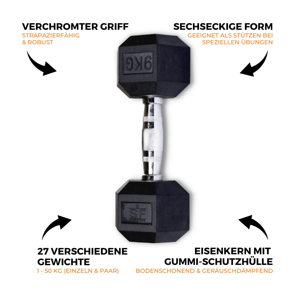 SUPRFIT - Hexagon Kurzhanteln paarweise mit gummiertem Eisenkern - Fitness Gewichte Hanteln 2 x 3 kg mit rutschfestem Chromgriff - Premium Kurzhantel Set für Calisthenics, Krafttraining & Crossfit 4
