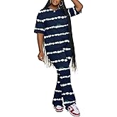 PINSV Women 2 Piece Outfits Short Sleeve Top and Flare Pants Lounge Sets Tracksuit