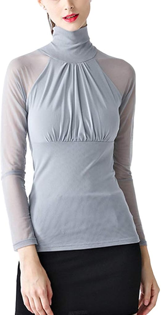 Womenâs Long Sleeve Lace Mesh Turtleneck T-Shirt Slim Gauze Slim Pullover Blouse at Amazon Women 