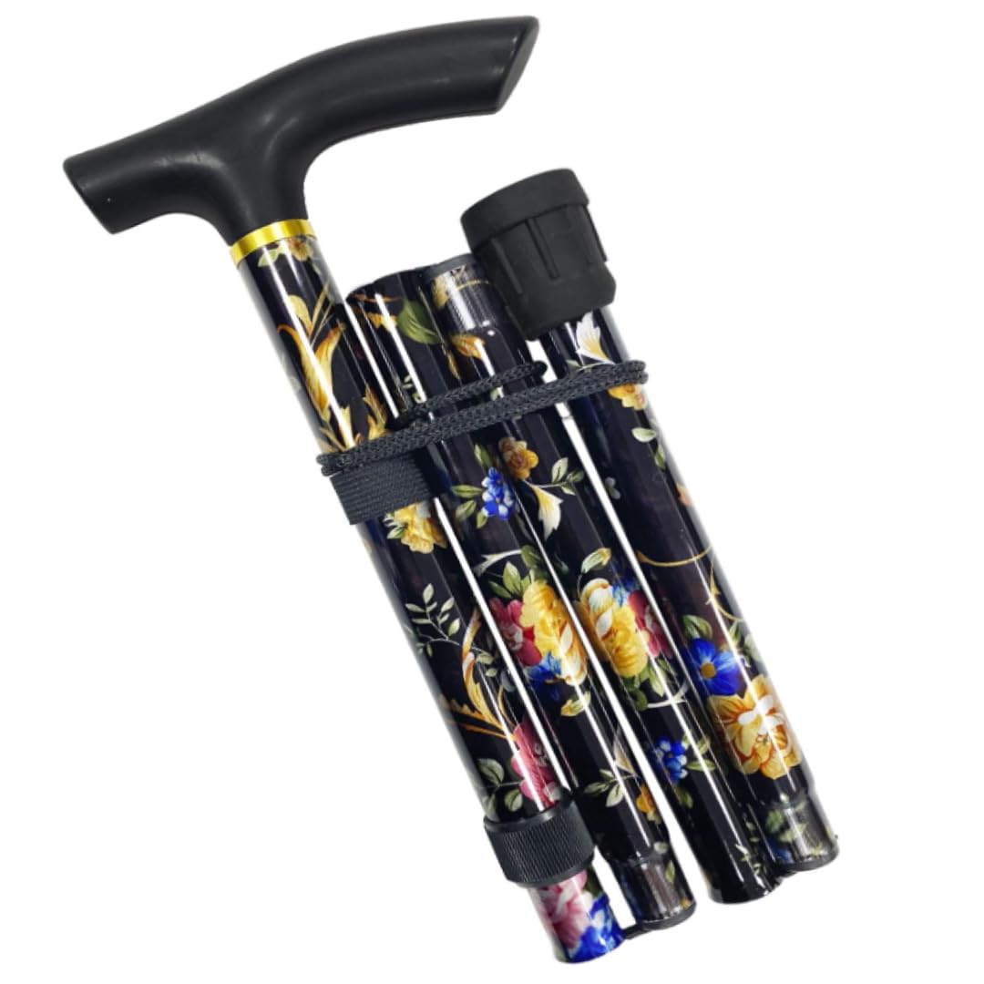 VIROSA Black Floral Walking Stick, Lightweight Foldable, Extendable Adjustable Walking Cane | Flexible and Durable | Walking Aid Mobility Aid | Collapsible Walking Stick