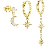 14K Gold Star Long Chain Hoop Dangling Earrings for Women,3Pcs Rhinestone Moon Statement Huggie Earrings Set,Fashion Party Birthday Jewelry Gifts