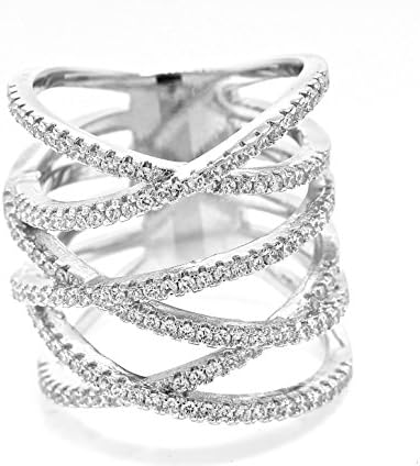 White Gold Plated Multi Row Pave Cubic Zirconia Criss Cross Double "X" Statement Right Hand Ring Size 6
