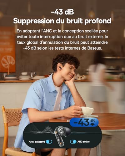 EP10 NC Écouteurs Bluetooth sans Fil, Ecouteurs sans Fil avec Réduction de Bruit Actif à -43dB, 24 Modes EQ, Conducteurs 12mm, SuperBass, 4-Mic AI pour Appels Clairs, IP55, 41H, Bluetooth 6.0