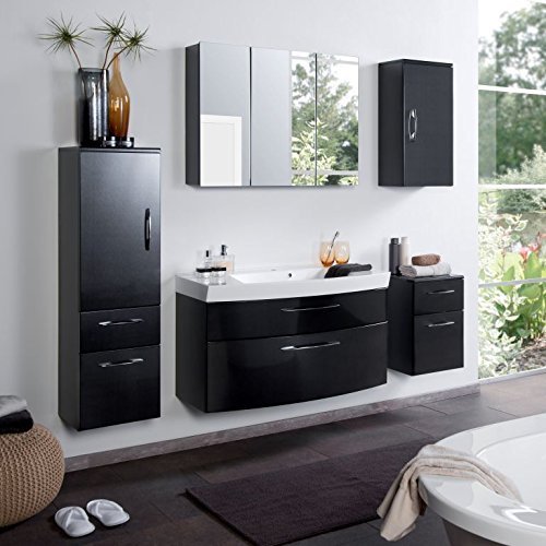 Badmobel Set Badezimmermobel Paris Komplett Set Waschbeckenschrank Mit Waschtisch Und Beleuchtetem Spiegelschrank Led In Anthrazit Hochglanz Schwarz Kaufen