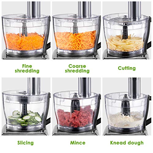 Food Processor 12-Cup, Multi-Function Food Processor 6 Main Functions with Chopper Blade, Dough Blade, Shredder, Slicing Attachments, 3 Speed 600W Powerful Processor, Silver