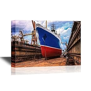 Watercolor Style Canvas Wall Art - Cargo Ship is Being Renovated in Shipyard Gdansk, Poland - Gallery Wrap Modern Home Art | Ready to Hang - 12x18 inches