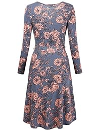 SUNGLORY Vestido de manga larga, con cuello en V profundo, con estampado vintage con cinturón