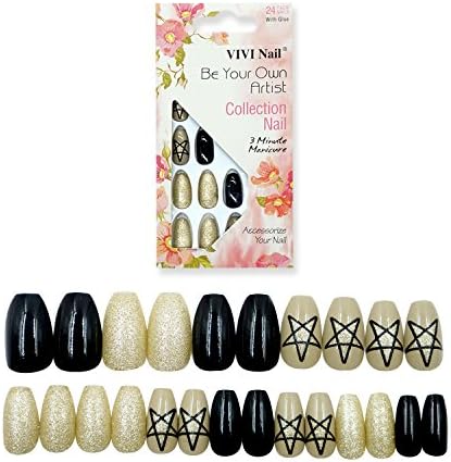 Coffin False Nails with Designs Glitter 24 Pieces Full Cover Girls Ballerina Fake Nails