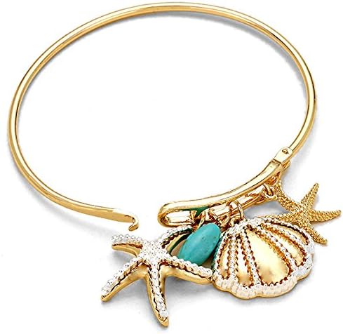 Beach Theme Starfish and Shell Gold Tone Bangle Hook Wire Bracelet