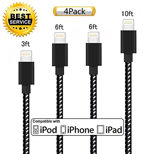 ShenTengDa iPhone Cable, 3' 6' 6' 10' Nylon Braided Lightning To USB Cable IPhone Charger Cord Compatible With IPhone 7/7 Plus/6s/6s Plus/6/6Plus/5s/5c/5,Ipad/IPod - Black/White - 4 Piece
