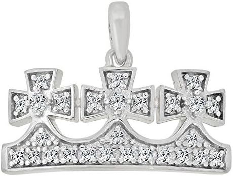 14k Gold White Rhodium, Princess Tiara Crown Pendant Charm Created CZ Crystals
