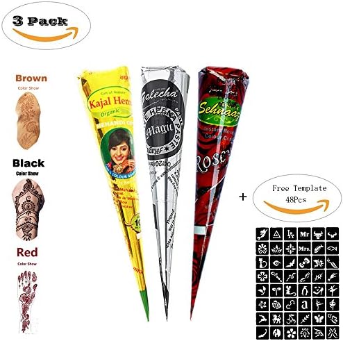 3Pcs Temporary Tattoo India Henna Cones Tube Tattoo Kit Temporary Paste Brown,Black,Red Cones for Body Art Drawing Painting with 48 Pcs Free Henna Stencil Set
