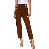 Women's Casual High Waisted Ankle Cropped Pants Elastic Waistband Slant Pockets with Metal Buttons