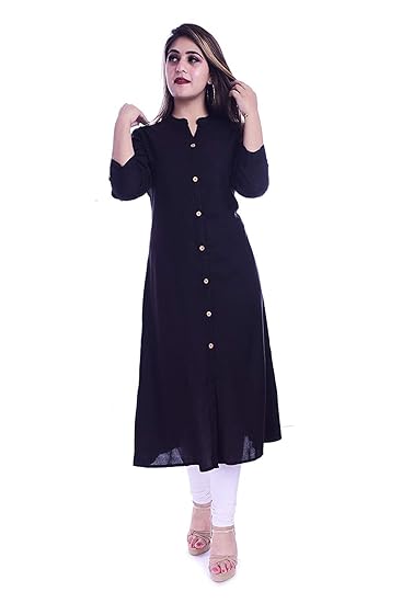 Western Black 3/4 Sleeves Cotton Plain Long A-Line Kurtis for Women
