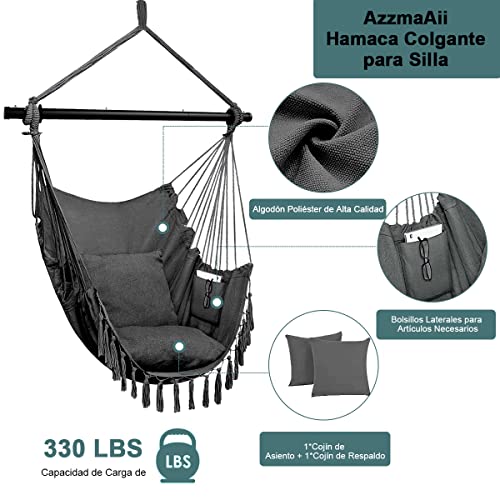 AzzmaAii Hamaca Colgante para Silla, Silla Hamaca Colgante de Cuerda con Cojín y Barra de Metal Silla Colgante al Aire Libre Silla Columpio Sillas Colgantes Portátil al Aire Libre Cuerda Colgante