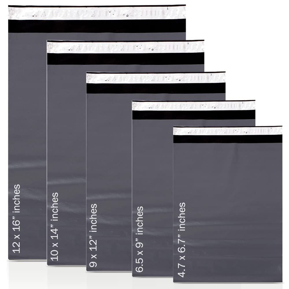 AKAR Mixed Mailing Bags - Assorted Sizes, Small to Large, Grey Plastic, Self Seal, Shipping Bags