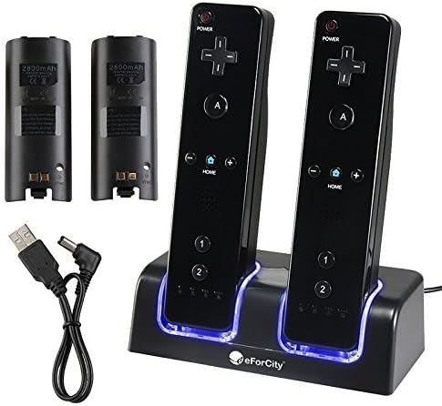 Double Charging Station + 2 Rechargeable Batteries & LED Light for Wii Remote Control, Black JB059