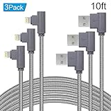 10 Foot iPhone Charger Cord,90 Degree Right Angle Lightning Cable 10 ft 3 Pack Charging Cord Compatible with iPhone X/8/7/6(Grey,10 feet)