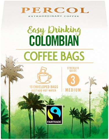 PERCOL FAIRTRADE EASY DRINKING COLOMBIAN Coffee Bags Silky-Smooth Flavor, Medium Strength Ultra-Convenient Coffee-On-The-Go 10 bags/Pk - 3 Pk