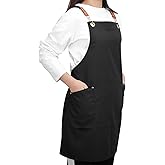 YIUJEFDA Apron for Women Men with Long Adjustable Cross Back Straps and Large Pockets Canvas Cooking Kitchen Chef Bib Aprons Black Waterproof Apron