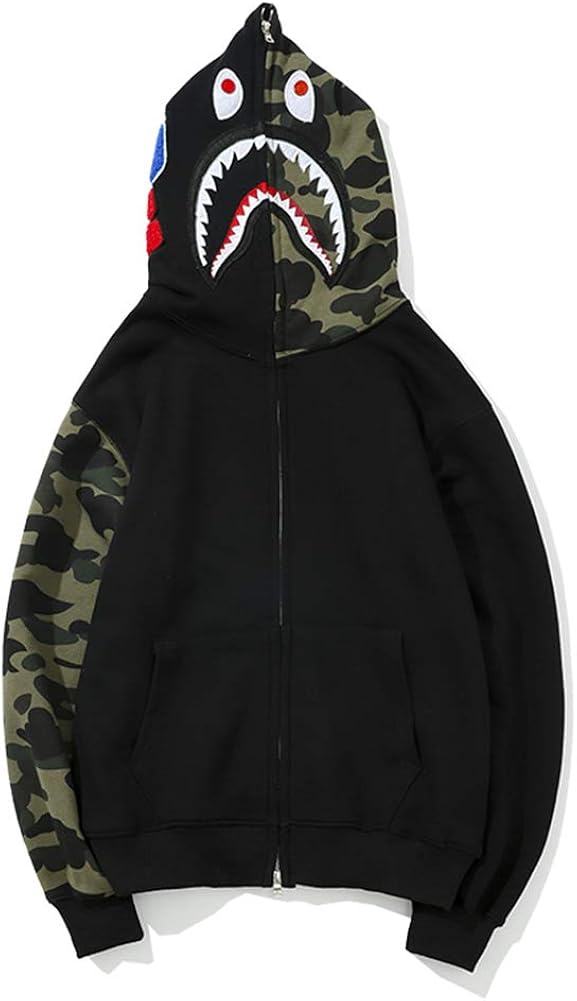 bape Hoodie BoysFashion BAPE Half Camouflage Shark Head Zip Sweater