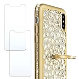 eaLAB Luxury Compatible with iPhone x Glitter Case Bling with Ring Diamond Cover 3D Crystal Spark i Phone 10 with 2 pcs Tempered Glasses