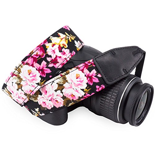 Wolven Pattern Cotton Camera Neck Shoulder Strap Belt Compatible for All DSLR/SLR/Men/Women etc, Black Flower