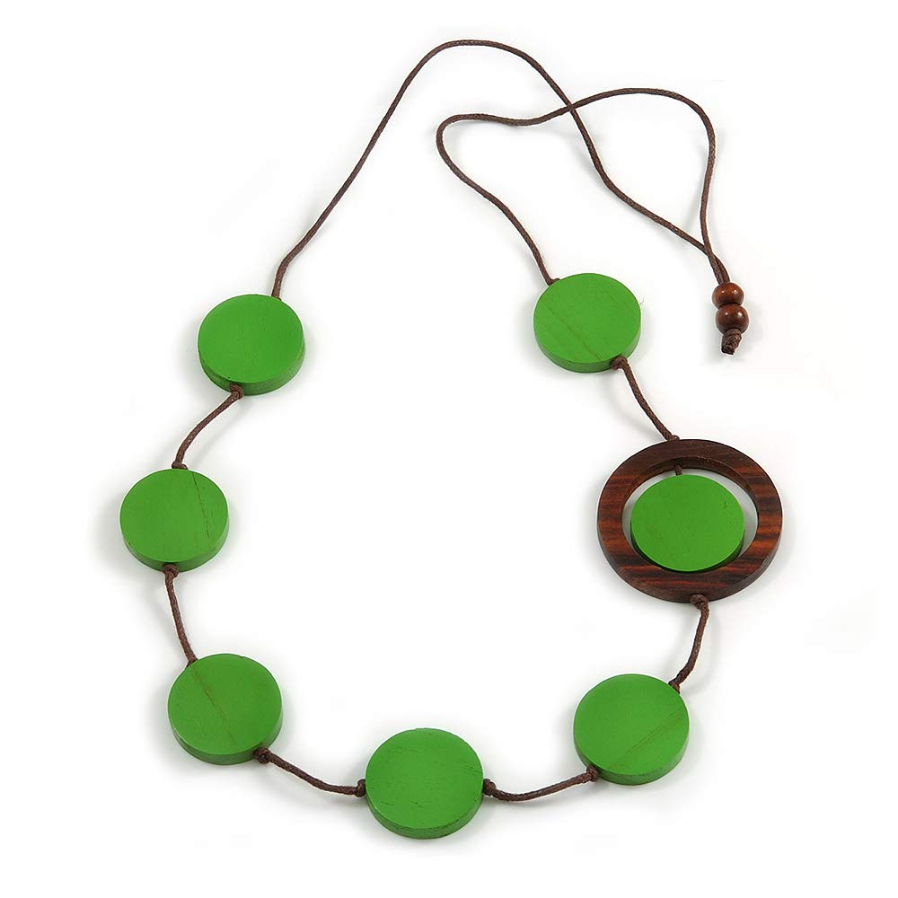 Avalaya Green/Brown Coin Wood Bead Cotton Cord Necklace - 80cm Long - Adjustable