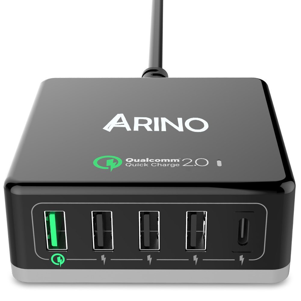 ARINO USB Charge Station, Wall Outlet Power Adapter Portable Travel Charger Plug for iPhone iPad MacBook Tablet Samsung, HTC, Blackberry, Bluetooth Speaker Headset, Power Bank, 5-Port Inclued Type C