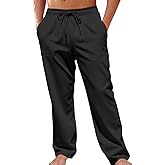 Runcati Mens Casual Pants Elastic Waist Drawstring Linen Lightweight Loose Fit Pants Summer Beach Yoga Trousers