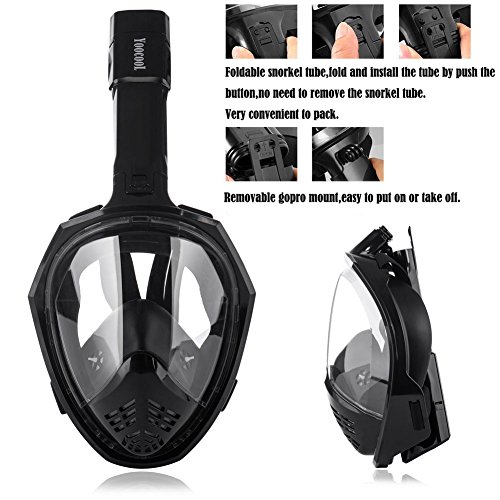 YOOCOOL Full Face Snorkel Mask Foldable 180° Panoramic View Diving Scuba Mask Free Breathing Full Face Snorkeling Mask with Waterproof Phone Bag (Black, Small/Medium)
