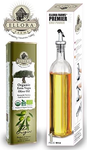 Ellora Farms | Award Winning Certified Organic Extra Virgin Olive Oil 16.9 oz Tin &amp; Rani Chef Pourer Cruet Bottle | 100% Traceable EVOO | Fresh Harvest &amp; Cold Extracted | Non GMO and Kosher "OU"