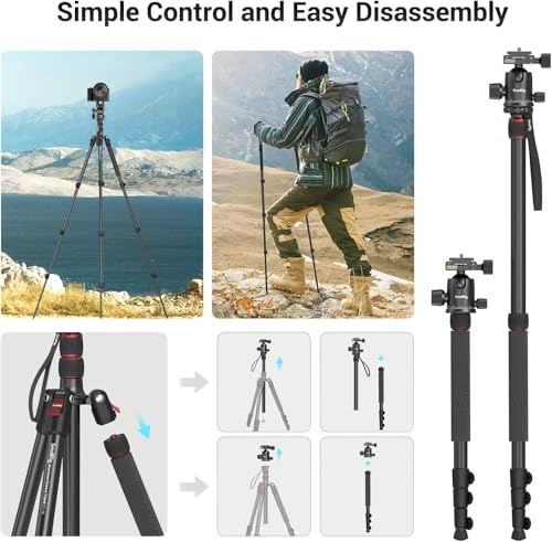SmallRig Trípode Monopie para Cámara, 71" Trípode de Aluminio, Cabeza Esférica 360° Desmontable, Carga 33 LB, Altura Ajustable 16"-71", Carga Máxima 15kg, para Cámara y Celular - 3935