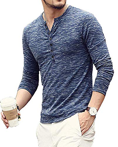 Men's Soild Henley Short Sleeve Tops Buttons Front Casual T Shirts Tee,Navy,M