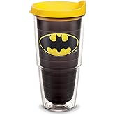 Tervis DC Comics Batman Emblem Made in USA Double Walled Insulated Tumbler Travel Cup Keeps Drinks Cold & Hot, 24oz, Quartz - Yellow Lid