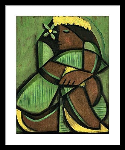 Tommervik Beautiful Cubist Hawaiian Hula Girl Green Yellow Unique Hawaii Wall Art Hula Dancer Paradise Vacation Island Hawaii Gifts Abstract Art Framed Print
