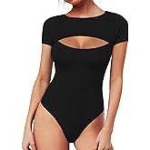 MANGOPOP Women's Cutout Front Long Sleeve Short Sleeve Bodysuit Round Neck Body Suits Sexy Going Out Fall Tops