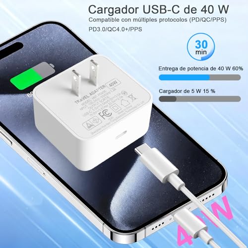 LDHUZOM Cargador rápido USB-C PD de 40 W para iPhone 17/16/15/14, con Cable de 1.8 m, Compatible con iPad Pro/Air, Switch y Samsung Galaxy S25/S24/S23