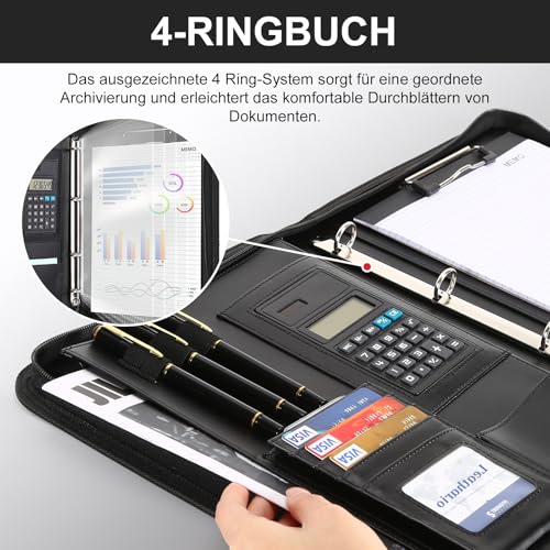 Leathario A4 Conference Folder, Writing Case with Ring Binder, Zip, Ring Binder Portfolio, Document Folder, Writing Pad, Black