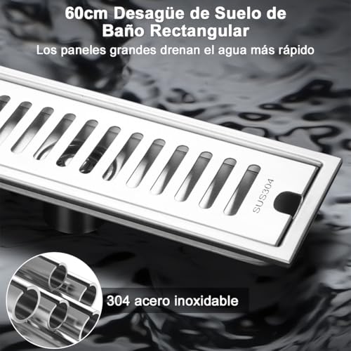Drenaje de Piso Rectangular 10 * 60CM Coladera de Desagüe Baño Acero Inoxidable Coladera Regadera Lineal Rejilla de Desagüe para Cocina Anti-Obstrucción Drenaje de Ducha Suelo Filtro Agua Anti-Olor