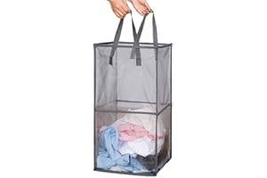 UNAMAX Pop Up Laundry Baskets - Mesh Collapsible Laundry Hampers Storage with Handle - Foldable for Washing Storage, Great for The Kids Room, College Dorm, Travel Organizer (Grey/Double Layer)