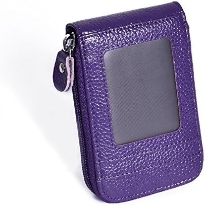 RFID Blocking Credit Card Holder, Outside ID Window Credit Card Wallet for women Genuine Leather Safe Security Travel Wallet (Purple)