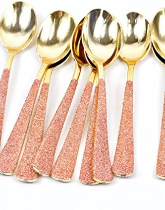 15pc+ Gold Plastic Glittered Rose Gold Disposable Spoon