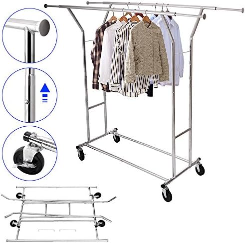 Double Rail Garment Racks Clothes Racks Commercial Grade Height Adjustable Heavy Duty Clothing Racks for Boutiques with 4 Industrial Grade Wheels