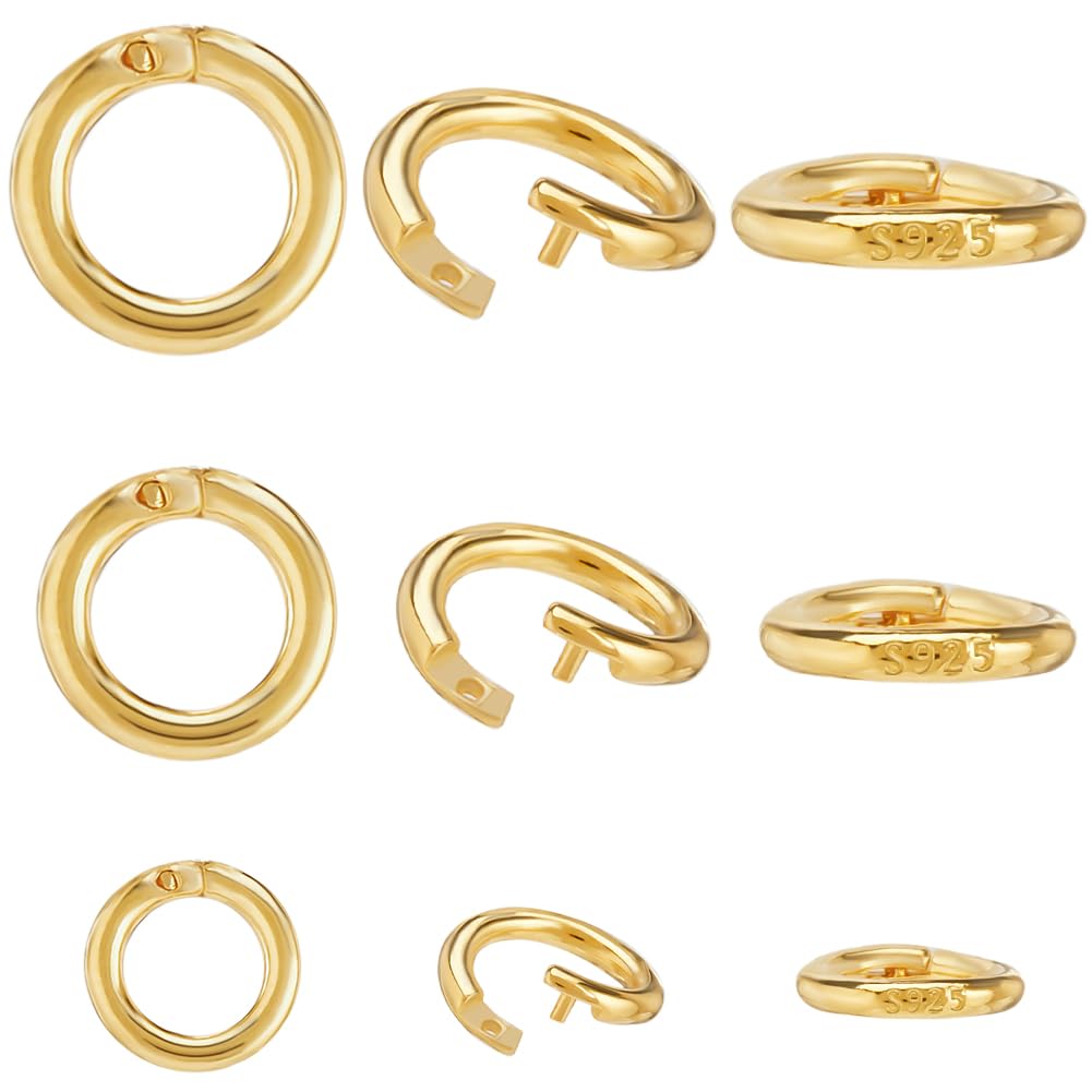 Beebeecraft 9Pcs 6/8/10mm Lock Jump Rings 24K Gold Plated 925 Sterling Silver Round Crimp Jump Rings with Storage Box for Jewelry Making Findings