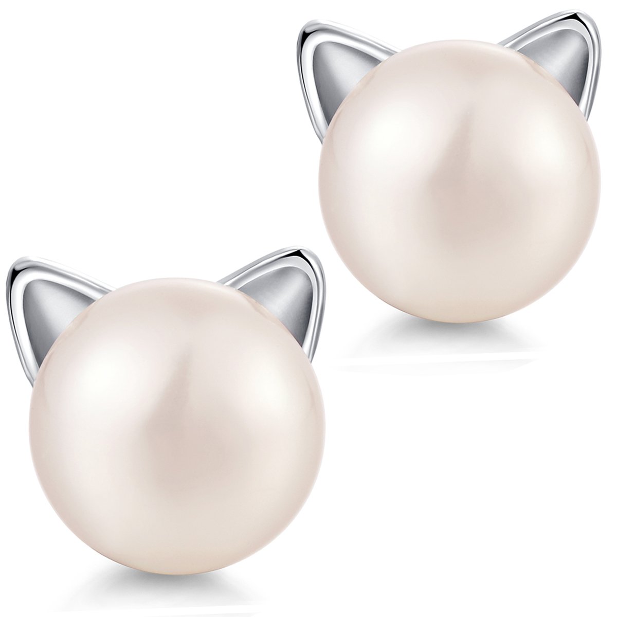 Cat Earrings Studs Sterling Silver Cat Ear Stud Earrings 8mm Pearl Cat Earrings,Kitty Cat Earrings Women Girls Cat Stud Earrings Kitten Earrings Cute Silver Cat Ear Earrings White Cat Pearl Ear Studs