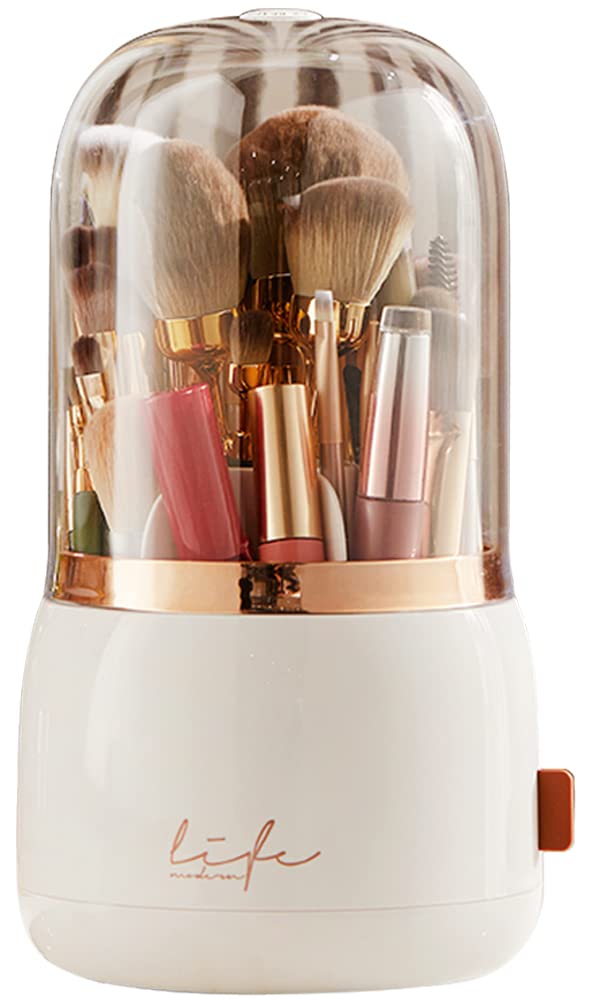 Bingobang Makeup Organiser Brush Holder 360 Rotating with Dustproof Lid, Spinning Cosmetic Organizer Acrylic, Storage for Lipstick, Lip Gloss, Eyeliner, Bedroom, Bathroom (White)