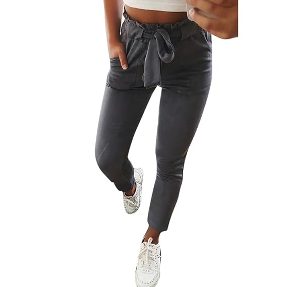 Coolster Damen-beiläufige gestreifte hohe Taillen-Hosen-elastische Taillen-beiläufige Hosen (Dunkelgrau 2, S)