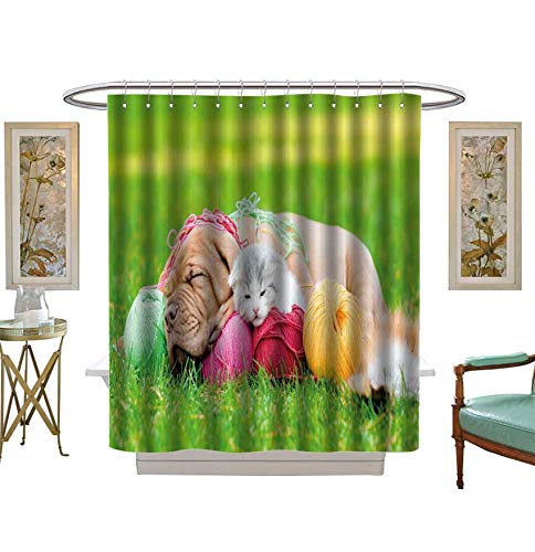 Miki Da Shower Curtains Waterproof Bordeaux Puppy Dog and Newborn Kitten Sleeping Together on Green Grass Fabric Bathroom Decor Set with Hooks Size:W54 x L72 inch